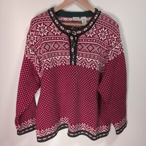 Vintage LL Bean Christmas Sweater 1X Cotton Nordic Fair Isle Henley USA Pullover